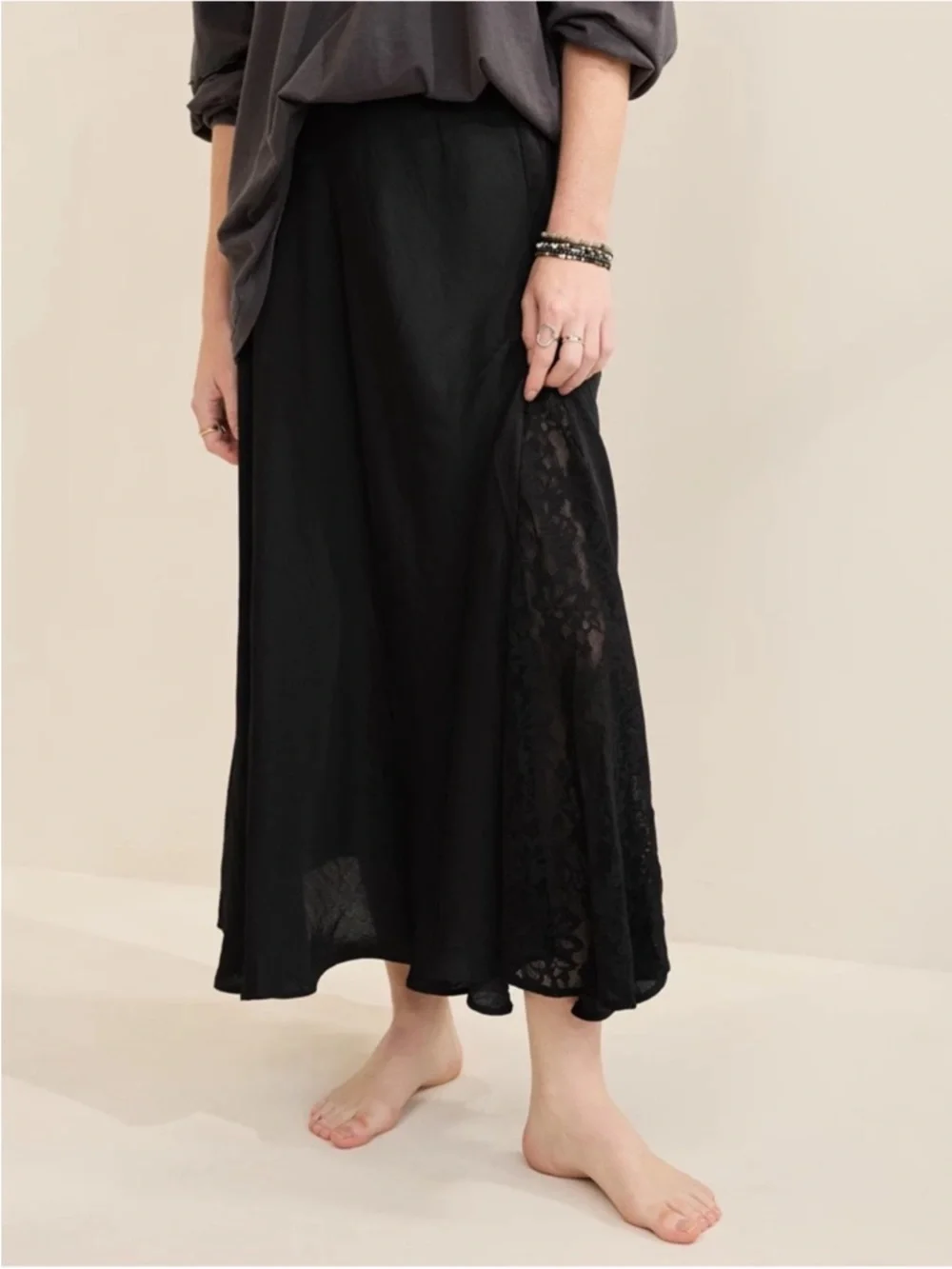 aerie Black Maxi Skirt with Lace Panel - Picture 3 of 6